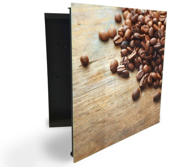 Glasdekor skříňka na klíče - kávová zrna na dřevěném stole - Levé / Bílá