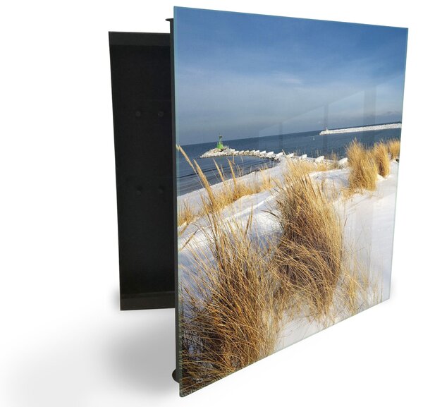 Glasdekor skříňka na klíče - zimní krajina u moře - Levé / Černá