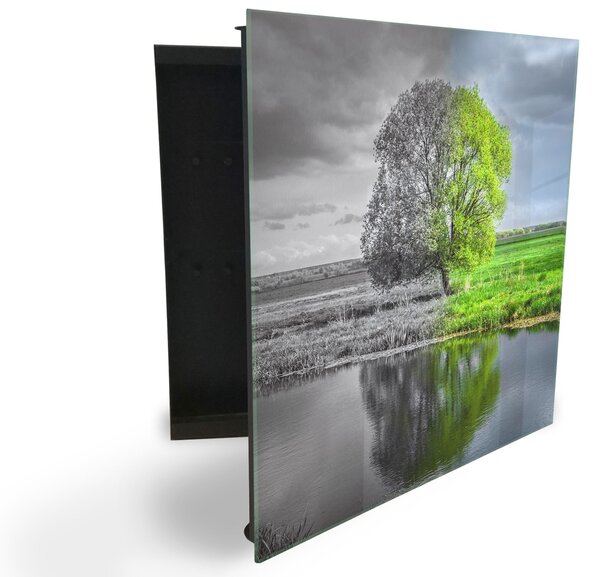 Glasdekor skříňka na klíče - strom u jezera zeleno šedý abstrakt - Pravé / Bílá