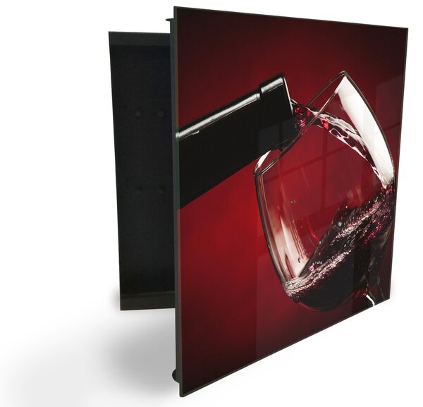 Glasdekor skříňka na klíče - láhev a sklenice červené víno - Pravé / Bílá