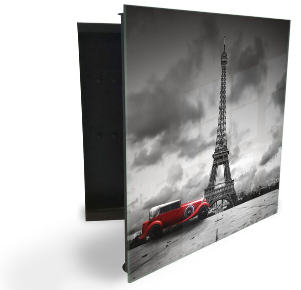 Glasdekor skříňka na klíče - Paříž Eiffelová věž a červené auto - Pravé / Bílá