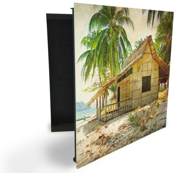 Glasdekor skříňka na klíče - malovaná chýše na pobřeží - Levé / Černá