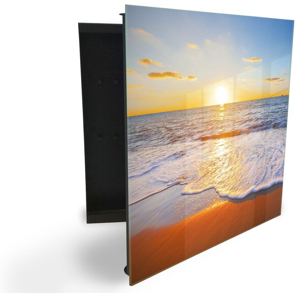 Glasdekor skříňka na klíče - západ slunce u moře s vlnami - Levé / Černá