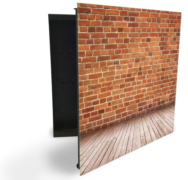 Glasdekor skříňka na klíče - dřevěná podlaha a cihlová zeď - Levé / Bílá