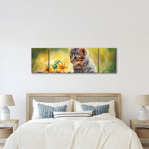 Obraz koťátka dívající se na květinu (170x50 cm)
