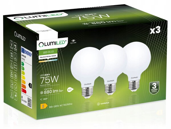 3x LED žárovka E27 G95 8W Globe Mléčná LUMILED