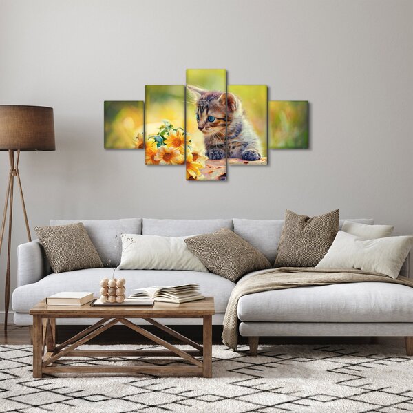 Obraz koťátka dívající se na květinu (125x70 cm)