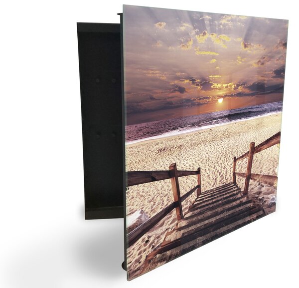 Glasdekor skříňka na klíče - promenáda na pláži západ slunce - Levé / Bílá
