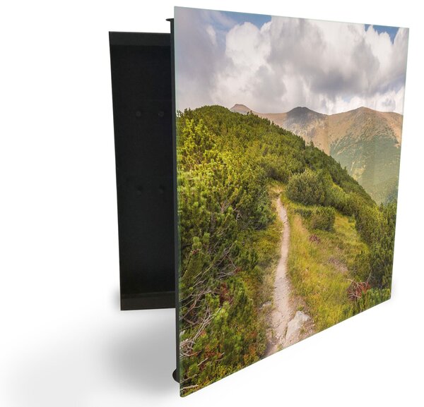 Glasdekor skříňka na klíče - lesní cesta v horách - Levé / Bílá