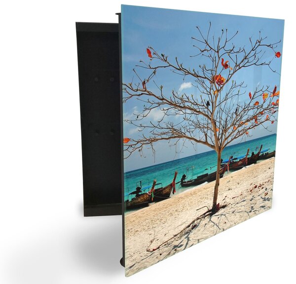 Glasdekor skříňka na klíče - strom bez listí na pláži u moře - Levé / Černá