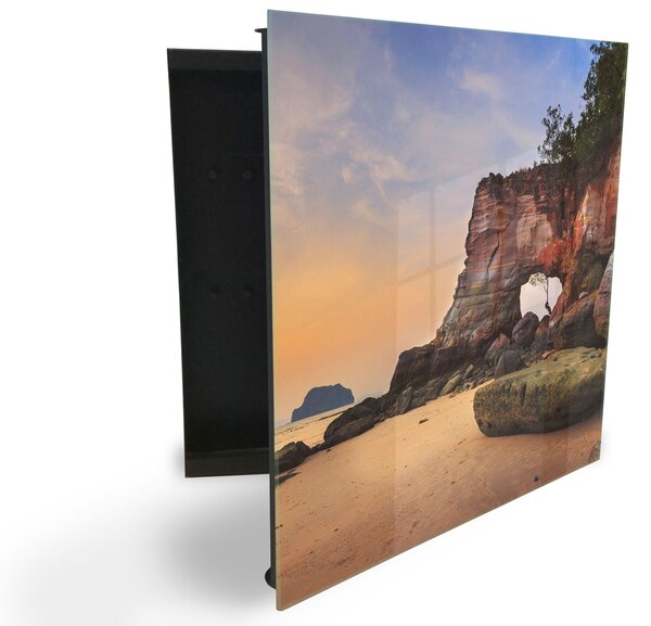 Glasdekor skříňka na klíče - pobřeží Laem Chamuk v západu slunce - Pravé / Bílá