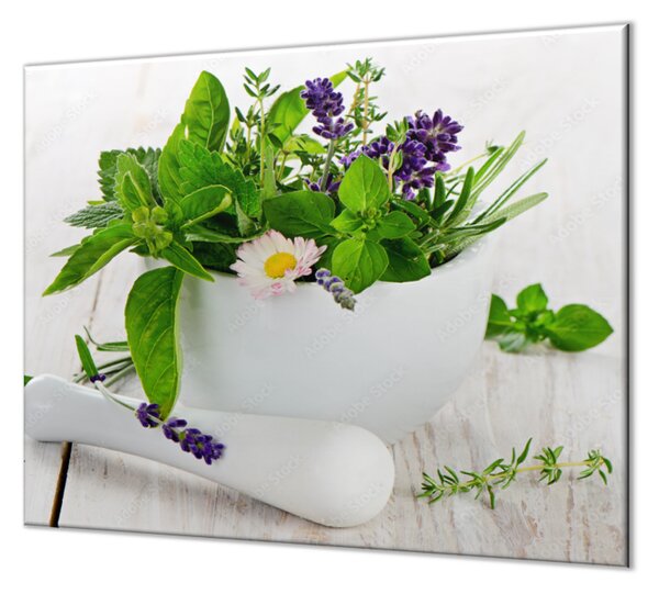 Ochranná deska bylinky v bílém hmoždíři - 52x60cm / S lepením na zeď