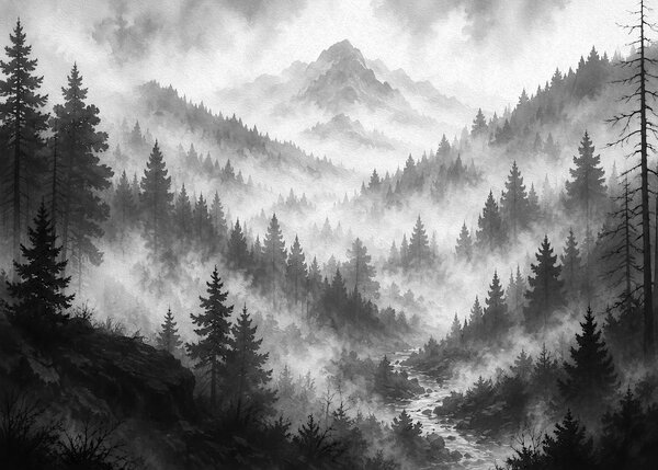 Fototapeta Horská krajina s mlhou a stromy, Přírodní fototapety, Populární fototapety, t00800 - Tapeko.co.cz