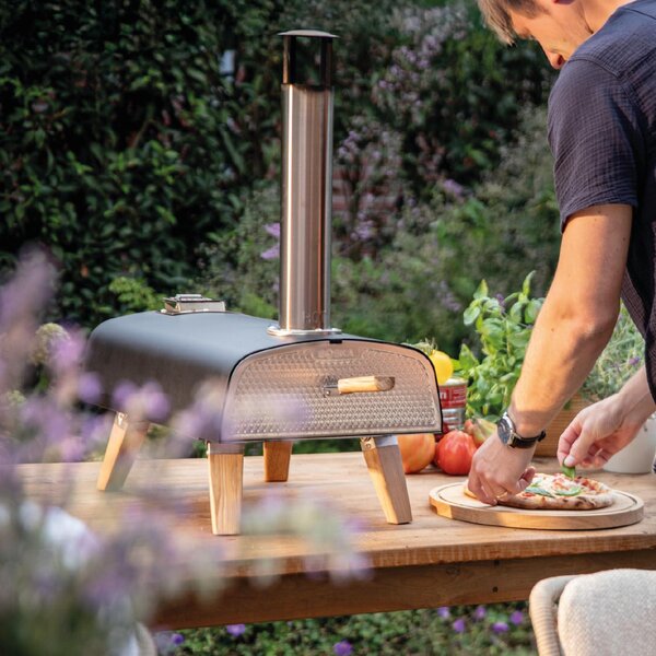 Přenosná pizza trouba - 13 palců - na pelety - 400 °C - dřevěné pelety - černá, prášková barva - venkovní trouba - s kamennou deskou na pizzu