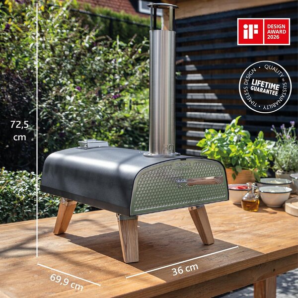 Přenosná pizza trouba - 13 palců - na pelety - 400 °C - dřevěné pelety - černá, prášková barva - venkovní trouba - s kamennou deskou na pizzu
