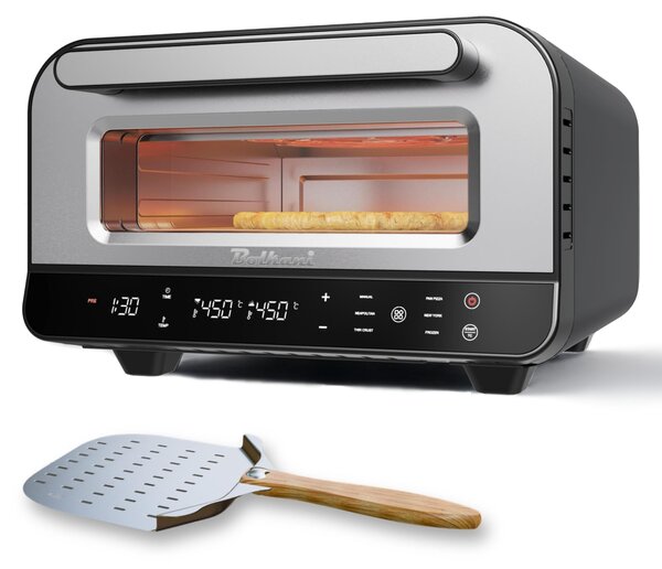 Elektrická pizza trouba, 1700 W, objem 12 litrů, nerezová ocel, černá barva, výroba pizzy, s kamennou deskou a časovačem