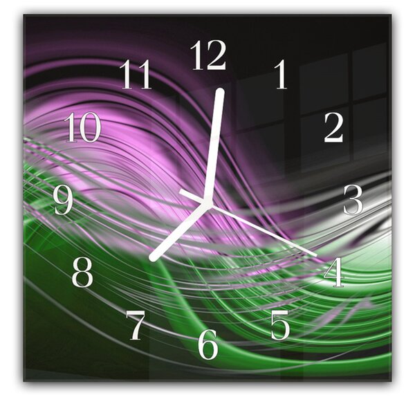 Nástěnné hodiny 30x30cm fialovo zelená vlna na černém - plexi