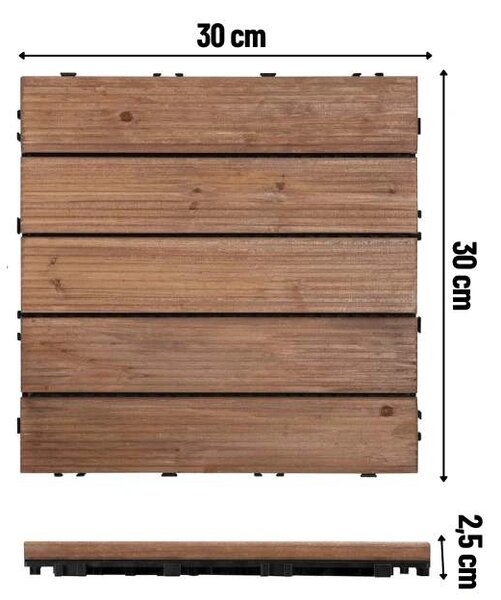 Woodytile™ Propojovací Dřevěné Terasové Dlaždice - 12 Ks (30x30cm) = 1,08 M², Hnědá