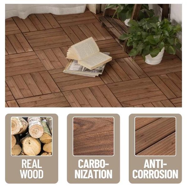 Woodytile™ Propojovací Dřevěné Terasové Dlaždice - 12 Ks (30x30cm) = 1,08 M², Hnědá
