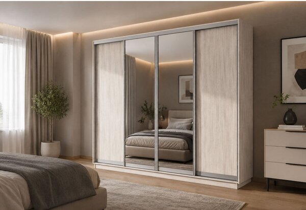 Šatní skříň s posuvnými dveřmi 4D 2800x2300x450 2LTD 2 zrcadla artwood světlý, profil stříbrný