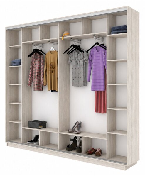 Šatní skříň s posuvnými dveřmi 4D 2800x2300x450 2LTD 2 zrcadla artwood světlý, profil stříbrný