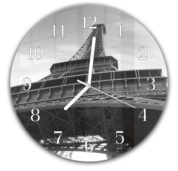 Nástěnné hodiny kulaté pr.30cm detail konstrukce Eiffelove věže černobílý - plexi