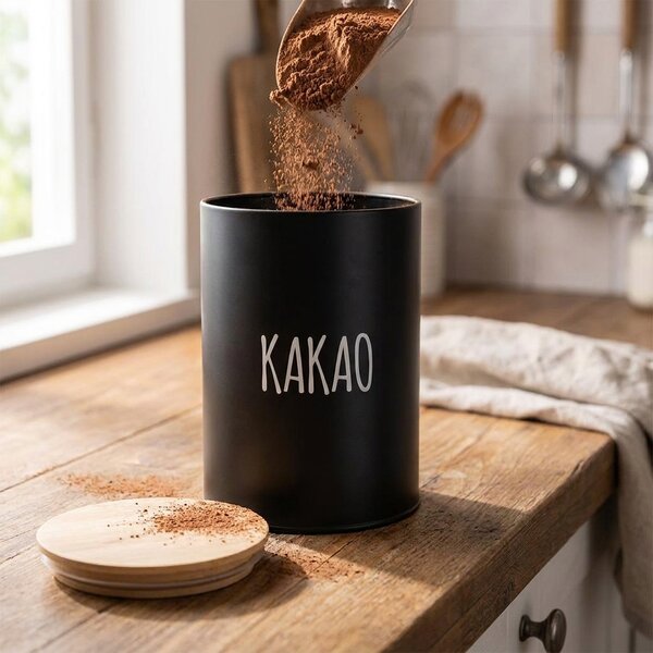 Orion Dóza na potraviny, plechová, černá, s bambusovým víkem, 1,3l, KAKAO