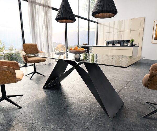 DELIFE Jídelní stůl Edge 200x100 sklo s reliéfem kouřově černé 3D design podnož ve tvaru V plochá ocel černá