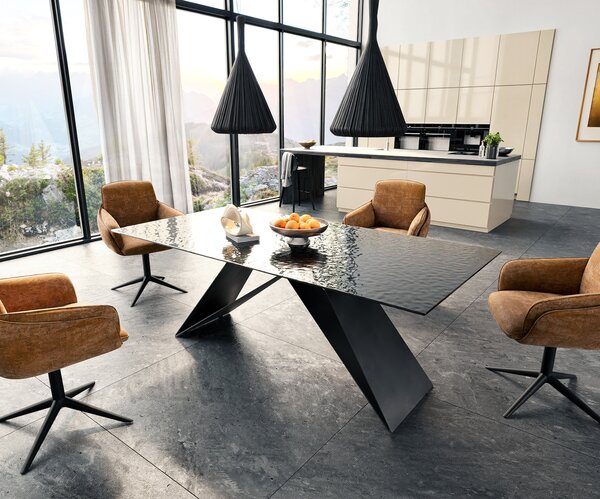 DELIFE Jídelní stůl Edge 200x100 sklo s reliéfem kouřově černé 3D design podnož ve tvaru V plochá ocel černá