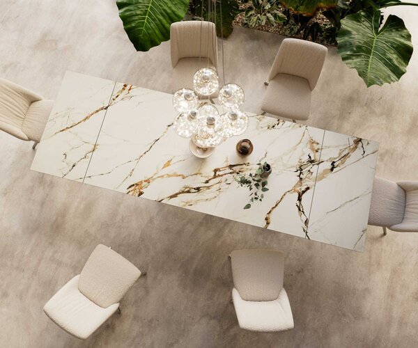 DELIFE Jídelní stůl Edge 200-300x100 keramika Calacatta Luxe bílá-zlatá-šedá Spider plochá ocel nerezová ocel rozkládací
