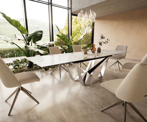 DELIFE Jídelní stůl Edge 200-300x100 keramika Calacatta Luxe bílá-zlatá-šedá Spider plochá ocel nerezová ocel rozkládací