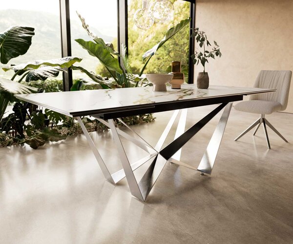 DELIFE Jídelní stůl Edge 200-300x100 keramika Calacatta Luxe bílá-zlatá-šedá Spider plochá ocel nerezová ocel rozkládací