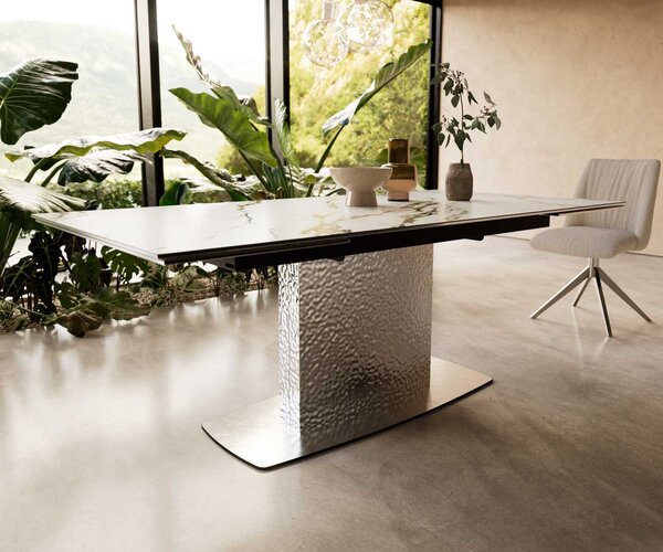 DELIFE Jídelní stůl Edge 200-300x100 keramika Calacatta Luxe bílá-zlatá-šedá Wave nerezová ocel rozkládací