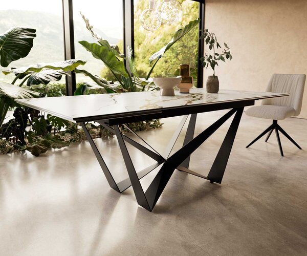 DELIFE Jídelní stůl Edge 200-300x100 keramika Calacatta Luxe bílá-zlatá-šedá Spider plochá ocel černá rozkládací
