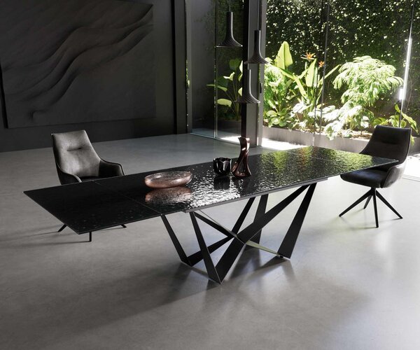 DELIFE Jídelní stůl Edge 200-300x100 sklo s reliéfem kouřově černé 3D design Spider plochá ocel černá rozkládací