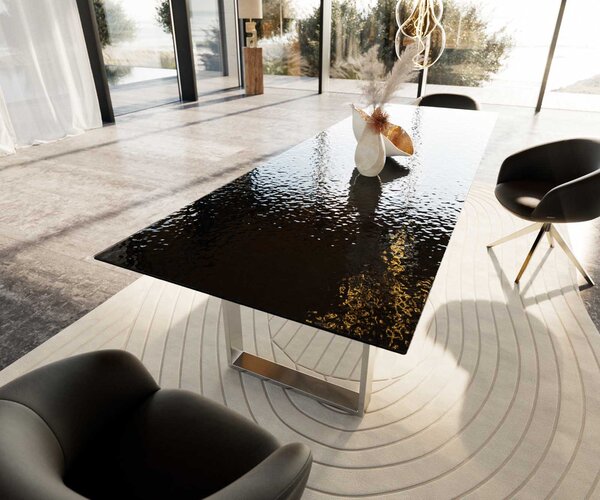 DELIFE Jídelní stůl Edge 300x100 sklo s reliéfem kouřově černé 3D design nerezová ocel úzký