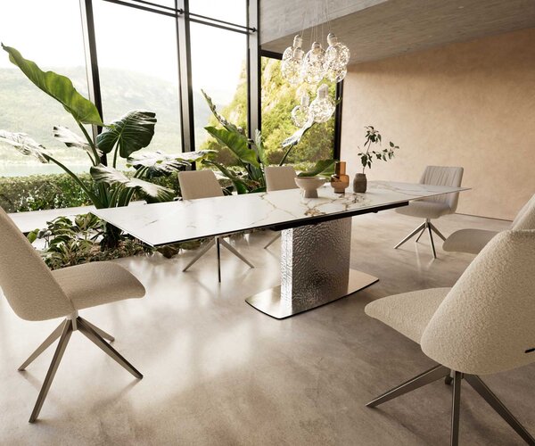DELIFE Jídelní stůl Edge 200-300x100 keramika Calacatta Luxe bílá-zlatá-šedá Wave nerezová ocel rozkládací