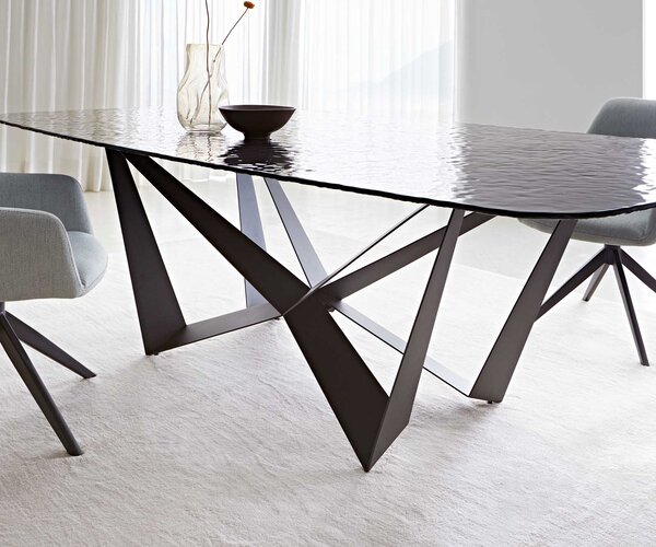 DELIFE Jídelní stůl Edge tvar oválný 240x120 sklo reliéf kouřově černé 3D design Spider plochá ocel černá