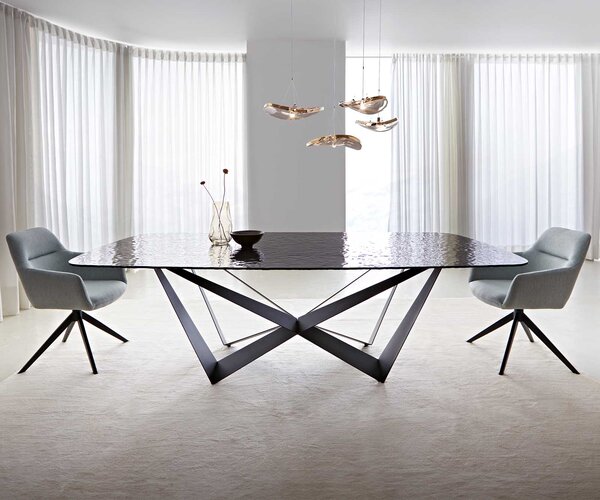 DELIFE Jídelní stůl Edge tvar oválný 240x120 sklo reliéf kouřově černé 3D design Spider plochá ocel černá