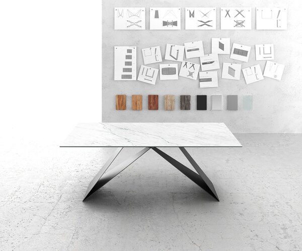 DELIFE Jídelní stůl Edge 200x100 cm keramika Laminam® Statuarietto bílá podnož ve tvaru V střední černá
