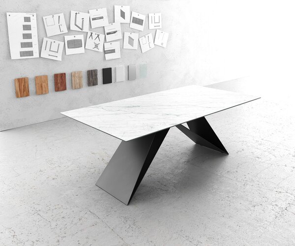 DELIFE Jídelní stůl Edge 200x100 cm keramika Laminam® Statuarietto bílá podnož ve tvaru V střední černá