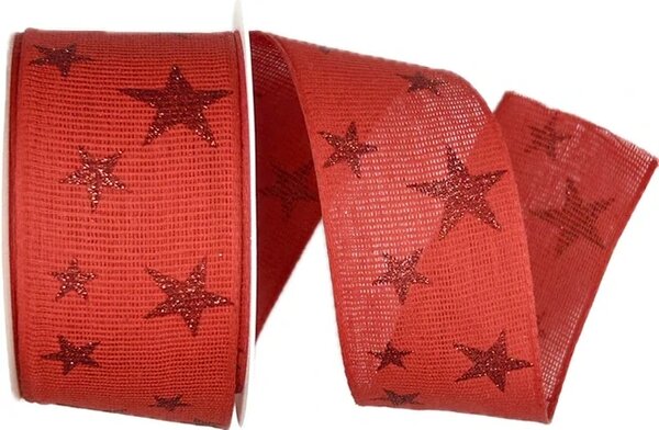 Vánoční bavlněná stuha STAR LIGHT RED 40mm x 2m (14,-Kč/m)