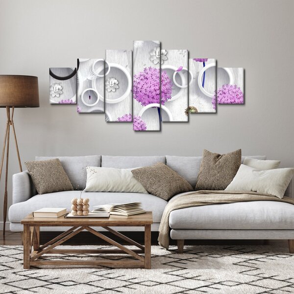 Obraz 3D abstrakce s kruhy a květinami (210x100 cm)