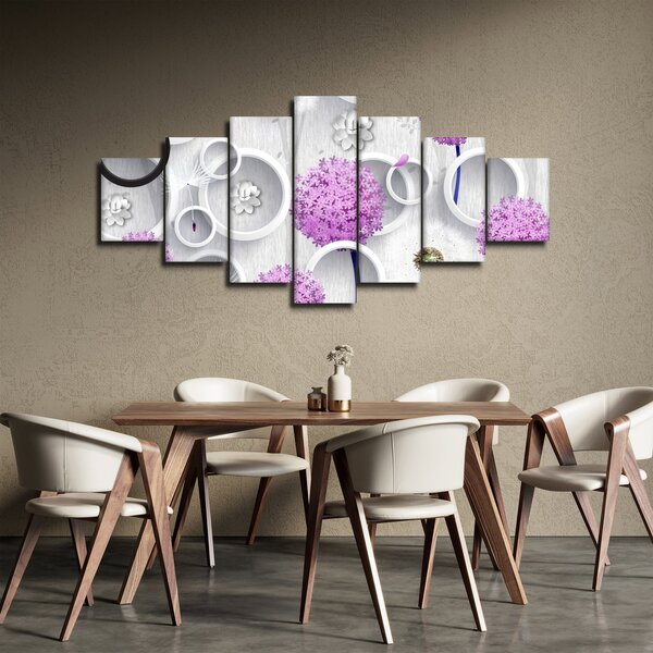 Obraz 3D abstrakce s kruhy a květinami (210x100 cm)