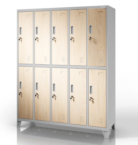 Šatní skříň BOZP 10-dveřová šedá / dub sonoma: Eco Design BARTEK 1360 x 1720 x 450 mm