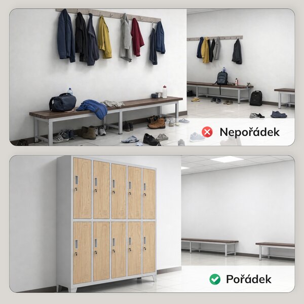 Šatní skříň BOZP 10-dveřová šedá / dub sonoma: Eco Design BARTEK 1360 x 1720 x 450 mm