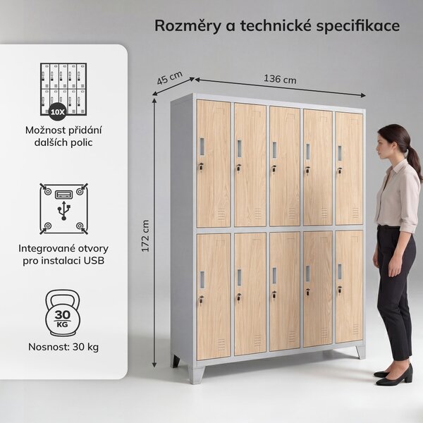 Šatní skříň BOZP 10-dveřová šedá / dub sonoma: Eco Design BARTEK 1360 x 1720 x 450 mm