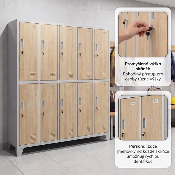 Šatní skříň BOZP 10-dveřová šedá / dub sonoma: Eco Design BARTEK 1360 x 1720 x 450 mm