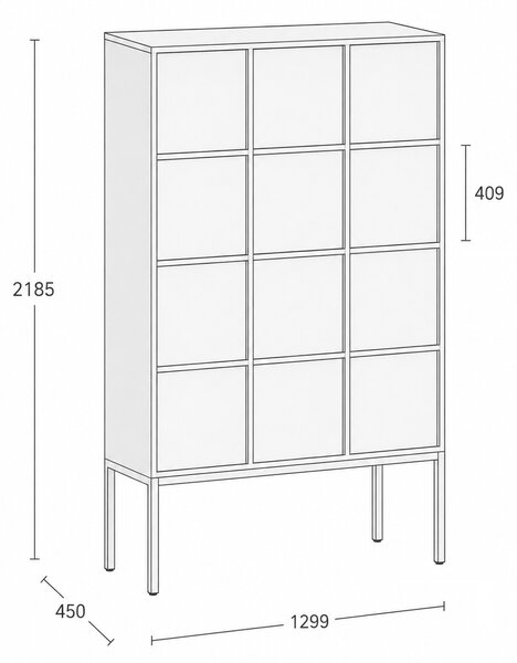 Kancelářská skříň FRAME, bílá podnož, 12x dveře, 1299 x 450 x 2185 mm, PUSH-lock, bílá
