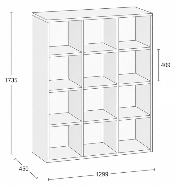 Regál FRAME, nižší, 3 sloupce, 1735 x 1299 x 450 mm, šedá